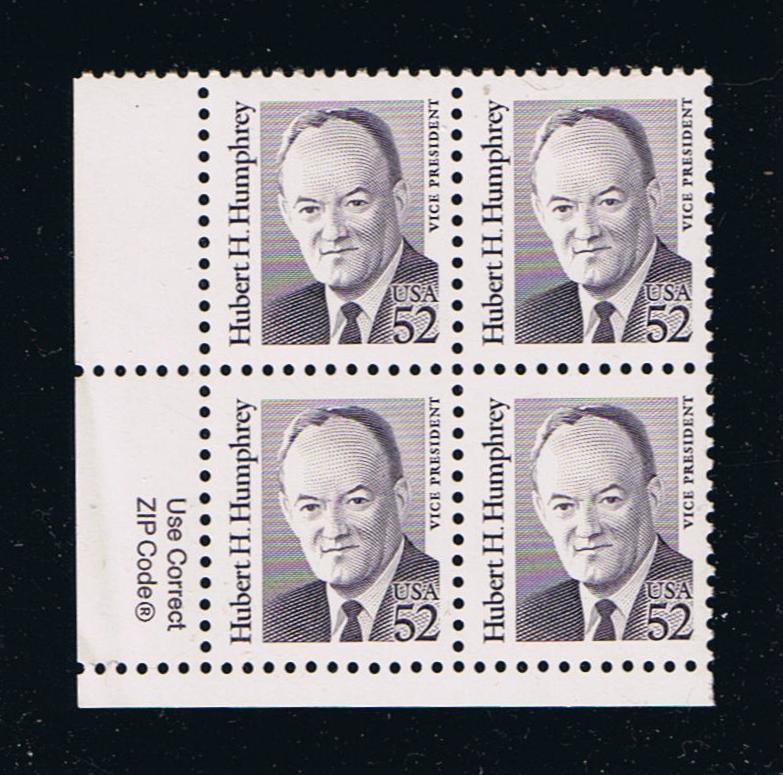 # 2189 (1991) Humphrey, Purple, SP tag, DG, perf 11 - Zip BK/4, LL, MNH