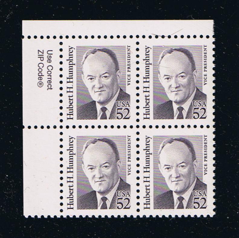 # 2189 (1991) Humphrey, Purple, SP tag, DG, perf 11 - Zip BK/4, UL, MNH