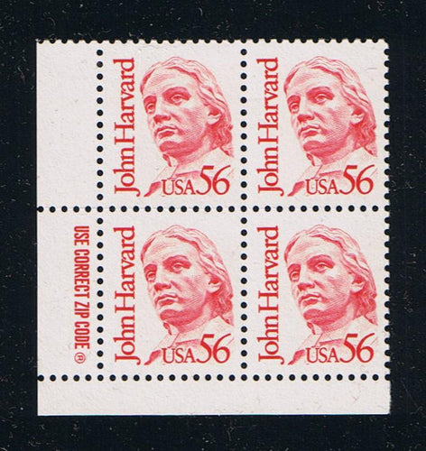 # 2190 (1986) Harvard, Scarlet, LB tag, DG, perf 11 - Zip BK/4, LL, MNH