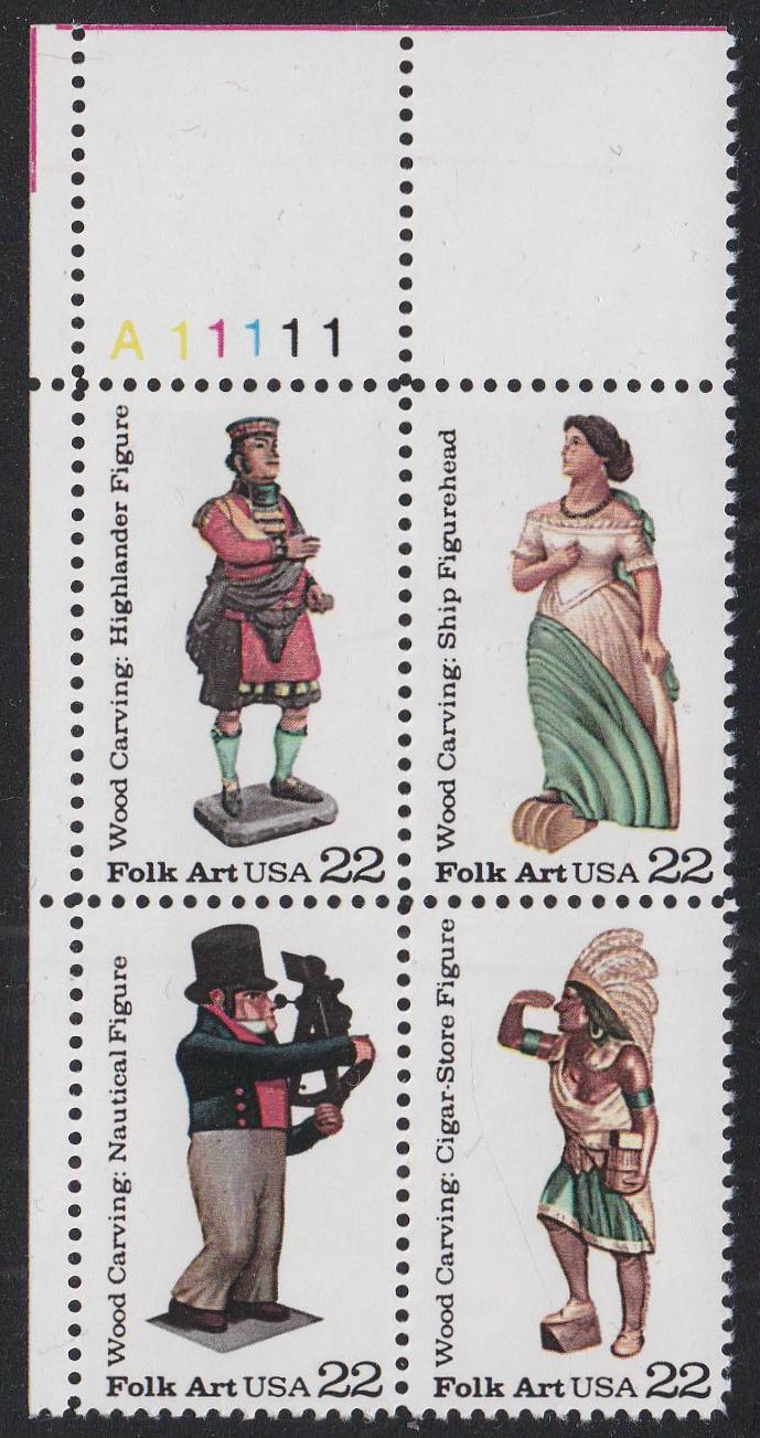 # 2240-43 (1986) Woodcarved Figurines - PB, UL #A11111, MNH