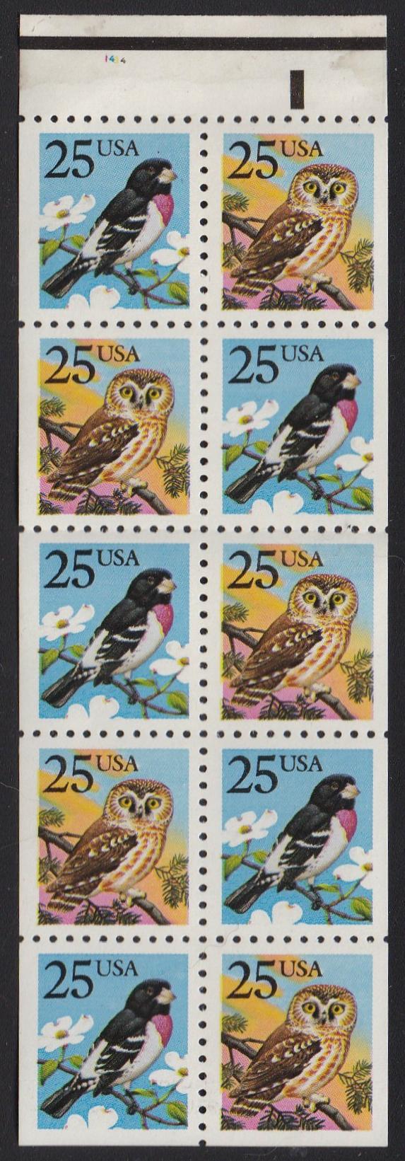 # 2285b (1988) Owl and Grosbeak - Bklt pane, plt #1434