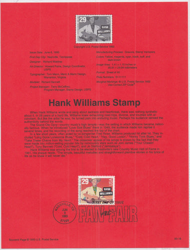 # 2723A (1993) Hank Williams, Perf 11.2x11.5 - Souvenir Page FDC