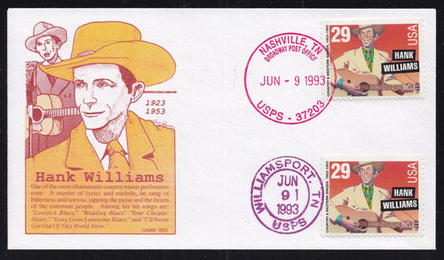 # 2723 (1993) Hank Williams, Perf 10 - GAAM FDC with Additional Williamsport FDC