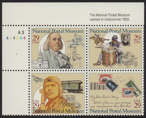 # 2779-82 (1993) Postal Museum - PB, UL #A3-444444, MNH