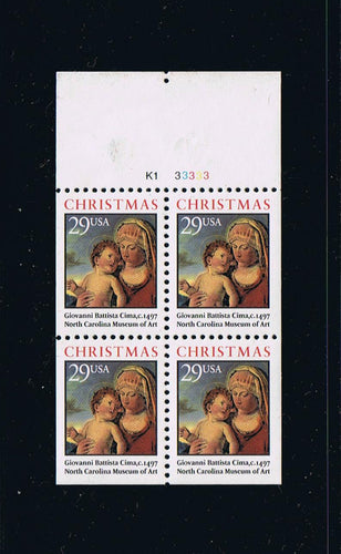 # 2790a (1993) Madonna and Child - Bklt pane, #K1-33333, Perf Holes, MNH