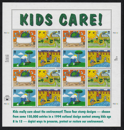 # 2951-54 (1995) Kids Care - Pane, #P22222, MNH