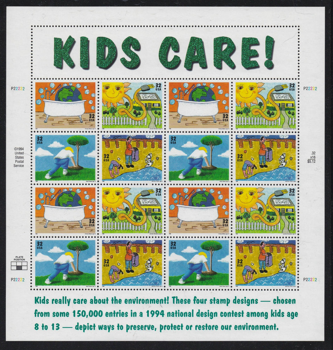 # 2951-54 (1995) Kids Care - Pane, #P22222, MNH