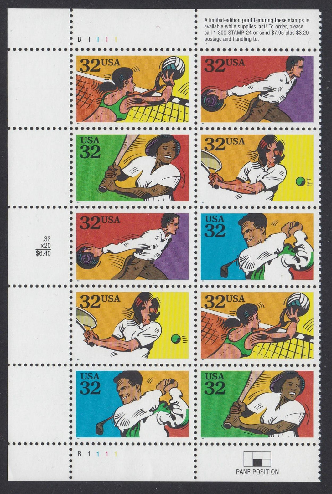 # 2961-65 (1995) Sports - PB, L #B1111, MNH