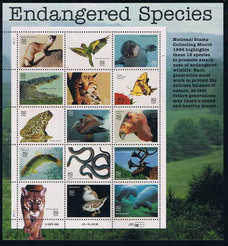 # 3105 (1996) Endangered Species - Pane, #P1111, MNH
