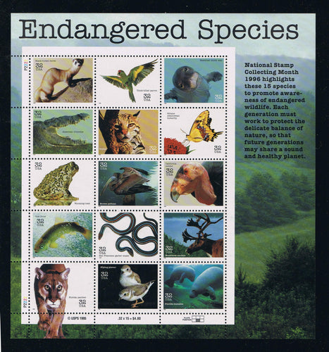 # 3105 (1996) Endangered Species - Pane, #P2222, MNH