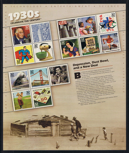 #3185 (1998) Celebrate the Century, 1930's - Pane, MNH