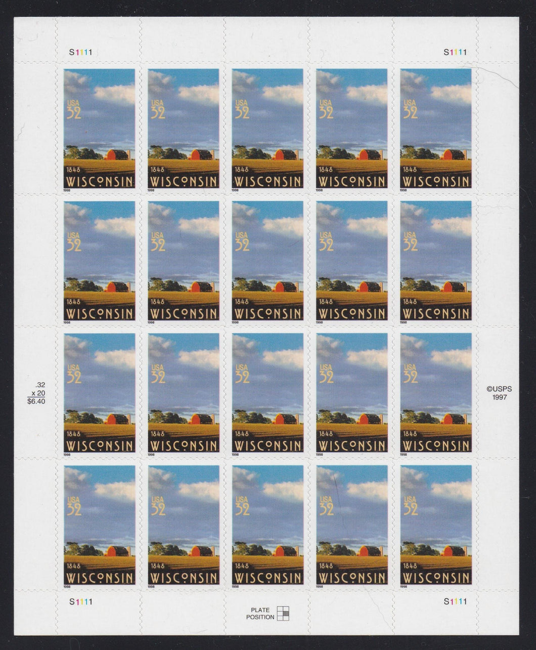 # 3206 (1998) Wisconsin - Pane, MNH