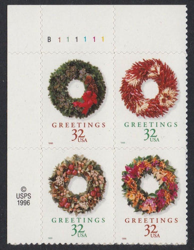 # 3249-52 (1998) Wreaths, perf 11.4 x 11.5 - PB, UL #B111111, MNH