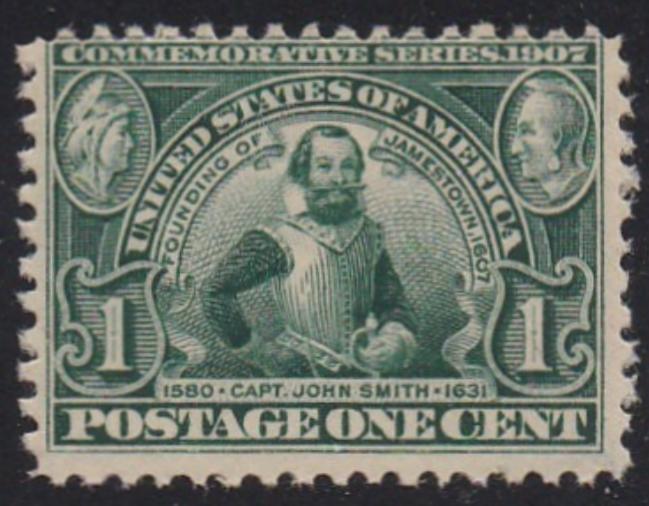 # 328 (1907) Captain John Smith - Sgl, F MNH, toned spots on gum [1]