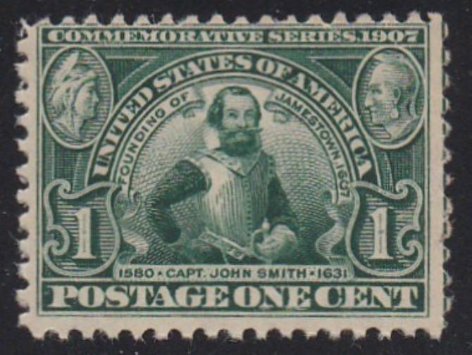 # 328 (1907) Captain John Smith - Sgl, F MNH, toned spots on gum [2]