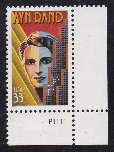 # 3308 (1999) Ayn Rand - Plt sgl, LR #P1111, MNH