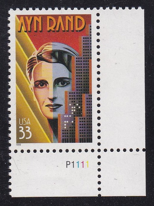 # 3308 (1999) Ayn Rand - Plt sgl, LR #P1111, MNH
