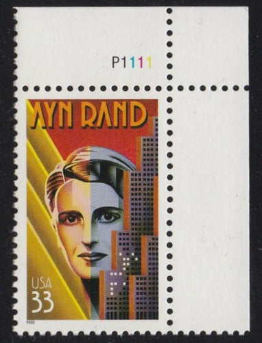 # 3308 (1999) Ayn Rand - Plt sgl, UR #P1111, MNH