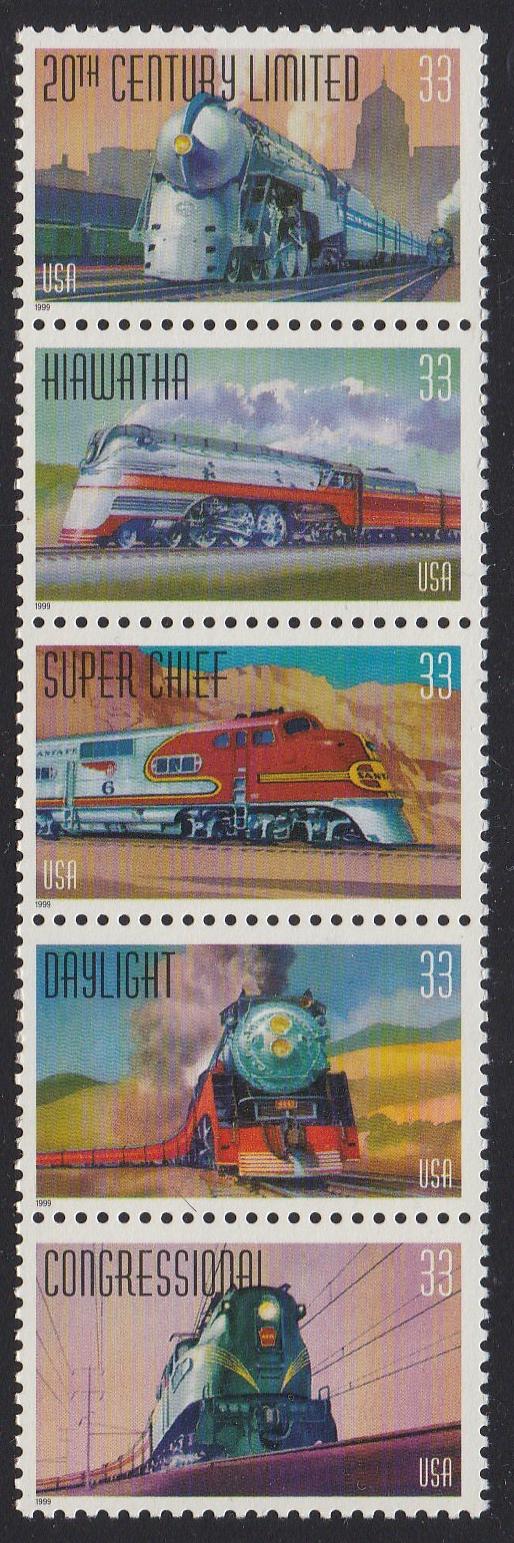 # 3333-37 (1999) Trains - Strip/5, MNH