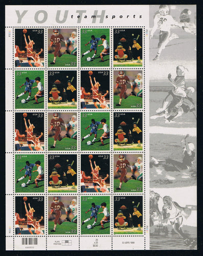 # 3399-3402 (2000) Youth Sports - Pane, P2222, MNH - AT FACE