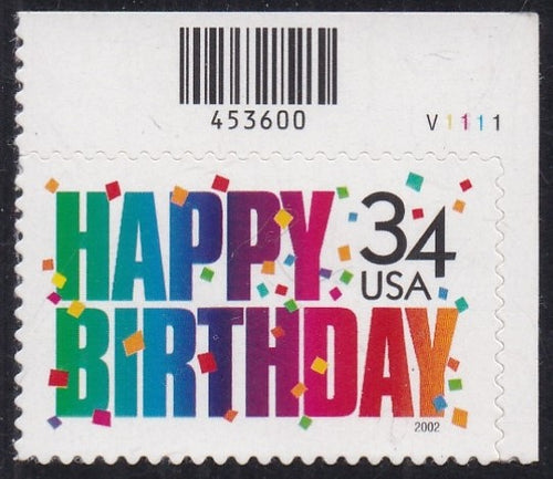 # 3558 (2002) Happy Birthday - Plt sgl, UR #V1111, MNH