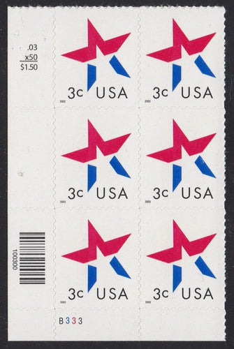 # 3613 (2002) Star, LL date - PB/6, LL #B333, MNH