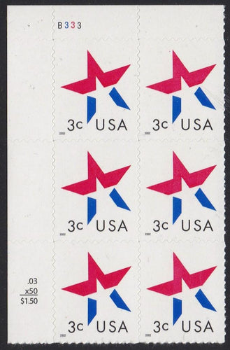 # 3613 (2002) Star, LL date - PB/6, UL #B333, MNH
