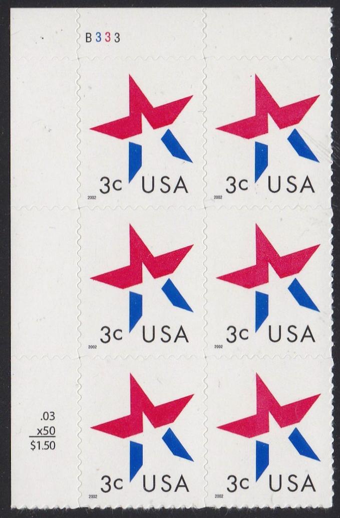 # 3613 (2002) Star, LL date - PB/6, UL #B333, MNH