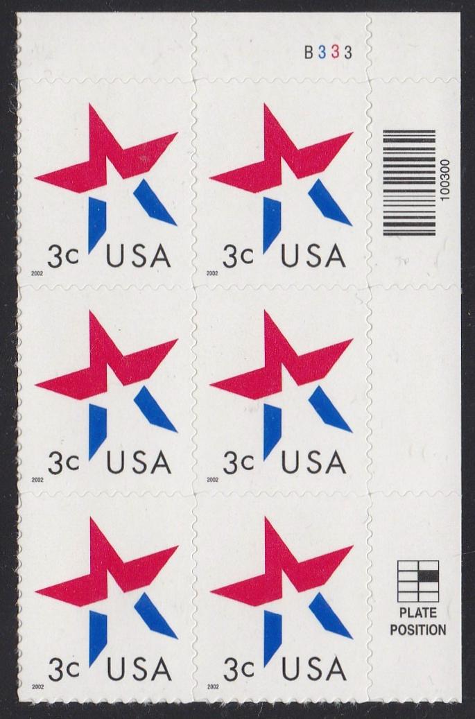 # 3613 (2002) Star, LL date - PB/6, UR #B333, MNH