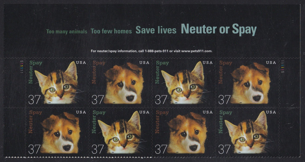 # 3670-71 (2002) Neuter/Spay - PB/8, Top mgn #S1111, MNH