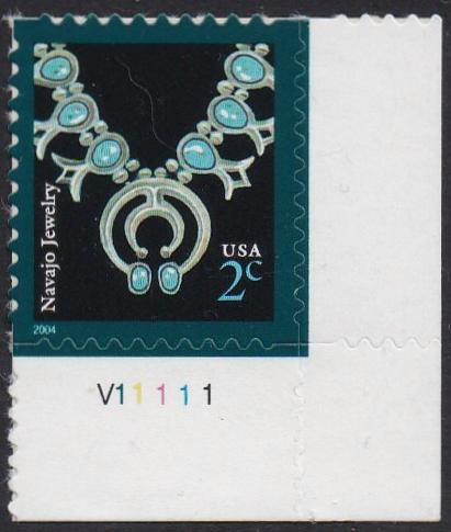 #3750 (2004) Navajo Necklace, Reprint, 2004 year date, brt blue - Plt sgl, LR #V11111, MNH