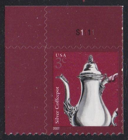 #3754 (2007) Silver Coffeepot - Plt sgl, UL #S1111, MNH