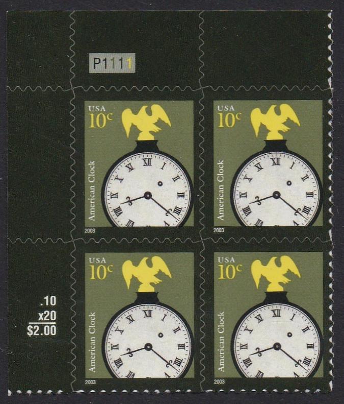 #3757 (2003) American Clock, 2003 year date, prephos+block - PB, #UL P1111, MNH