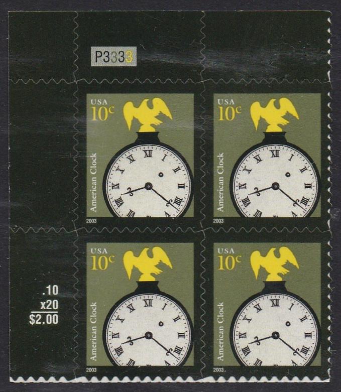 #3757 (2003) American Clock, 2003 year date, prephos+block - PB, #UL P3333, MNH