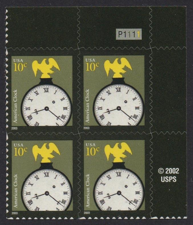 #3757 (2003) American Clock, 2003 year date, prephos+block - PB, UR #P1111, MNH