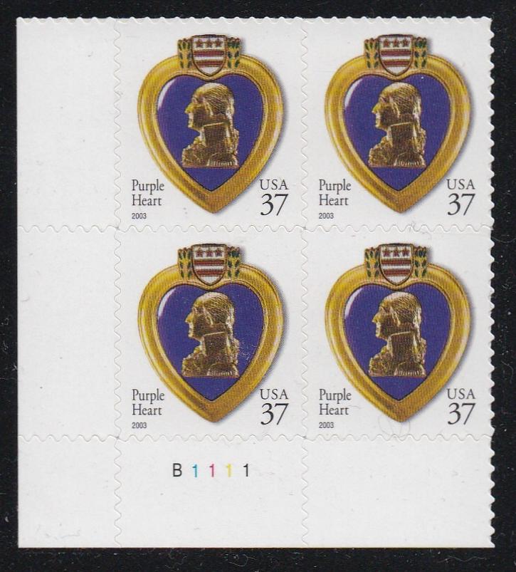 # 3784 (2003) Purple Heart, 2003 year date, 11.25x10.75 - PB, LL #B1111, MNH