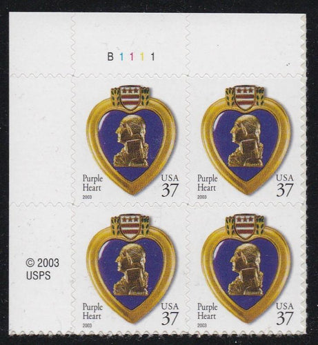 # 3784 (2003) Purple Heart, 2003 year date, 11.25x10.75 - PB, UL #B1111, MNH