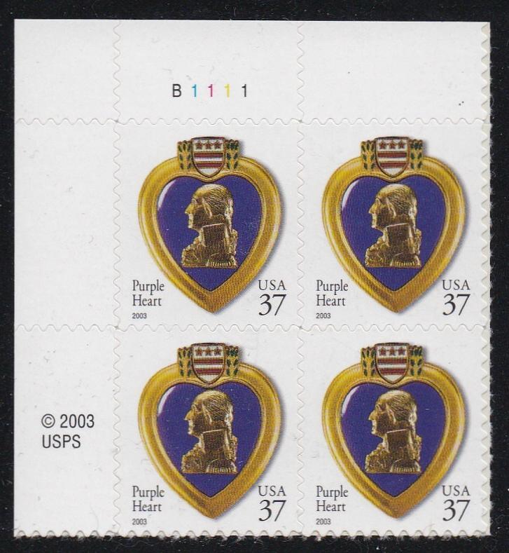 # 3784 (2003) Purple Heart, 2003 year date, 11.25x10.75 - PB, UL #B1111, MNH