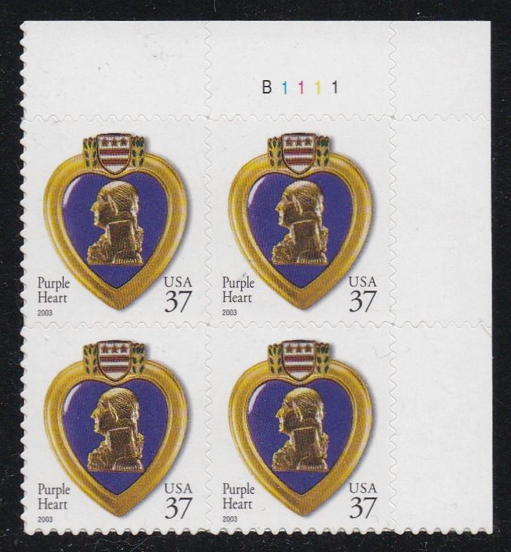 # 3784 (2003) Purple Heart, 2003 year date, 11.25x10.75 - PB, UR #B1111, MNH