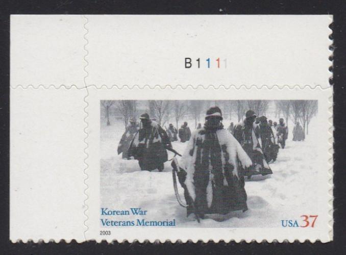 # 3803 (2003) Korean War Veterans Memorial - Plt sgl, UL #B1111, MNH