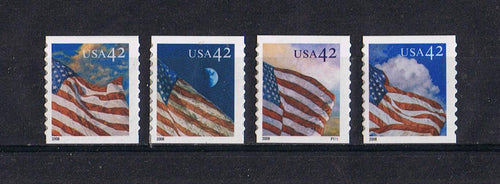 # 4232-35 (2008) Flag During the Day, Die Cut 9.5 - Coil sgls, w Plate Number, MNH