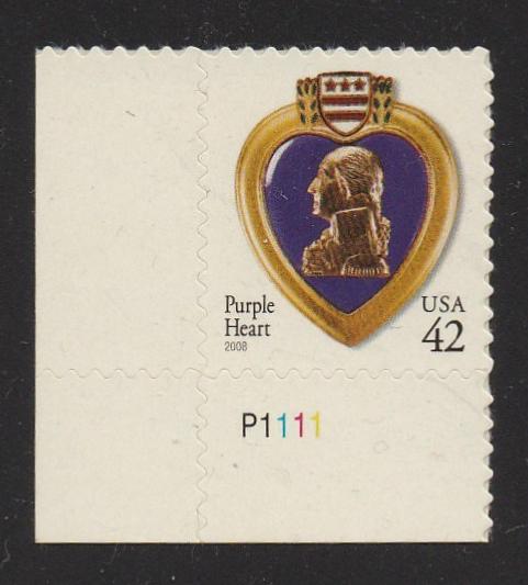 # 4264 (2008) Purple Heart, 2008 year date, 11.25x10.75 - Plt sgl, LL #P1111, MNH