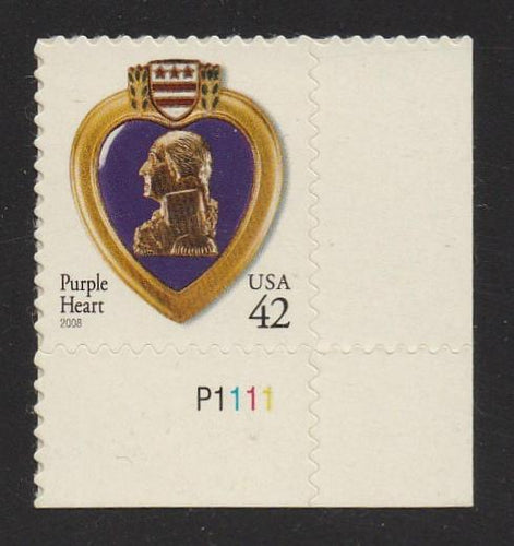 # 4264 (2008) Purple Heart, 2008 year date, 11.25x10.75 - Plt sgl, LR #P1111, MNH