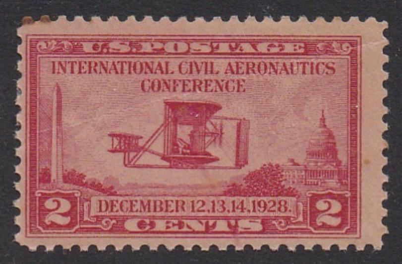 # 649 (1928) Wright Airplane - Sgl, FVF MNH, perf stain