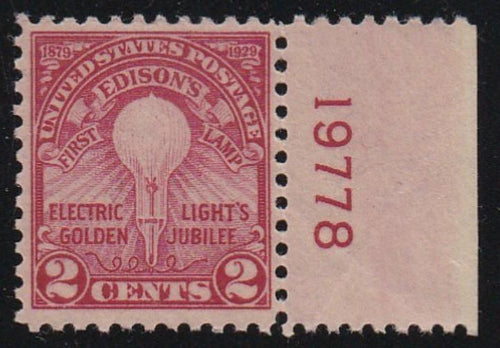 # 654 (1929) Edison Lamp - Sgl, VF MNH, Rt plt # mgn, sm gum skips