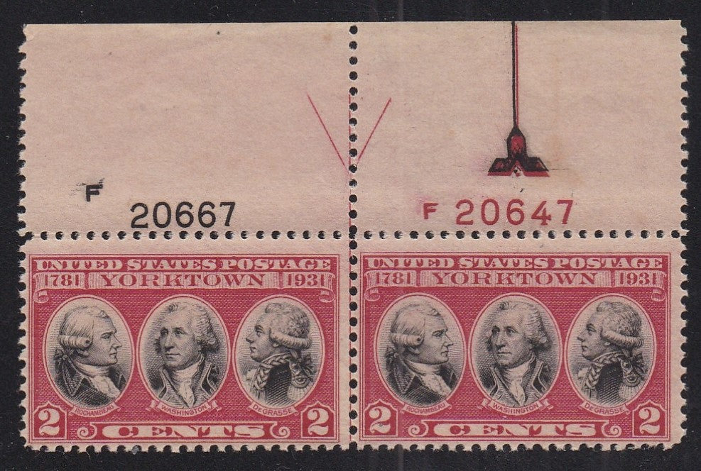 # 703 (1931) Yorktown - Plt Pr, T #F20667/F20647, Arrow, FVF MNH, lt dg