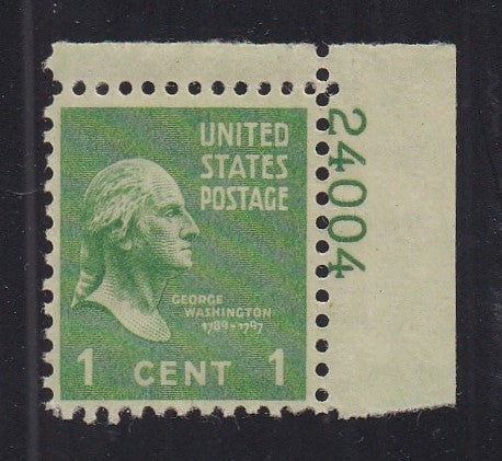 # 804 (1938) Washington, green - Plt sgl, UR #24004, MNH