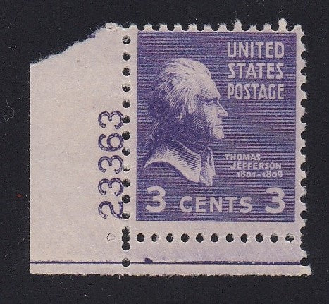 # 807 (1938) Jefferson, lt violet - Plt sgl, LL #23363, MNH