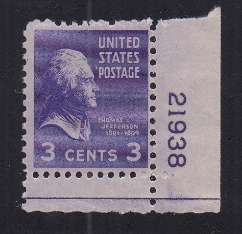 # 807 (1938) Jefferson, lt violet - Plt sgl, LR #21938, MNH