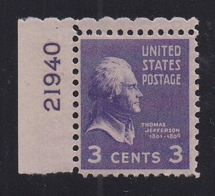 # 807 (1938) Jefferson, lt violet - Plt sgl, UL #21940, MLH